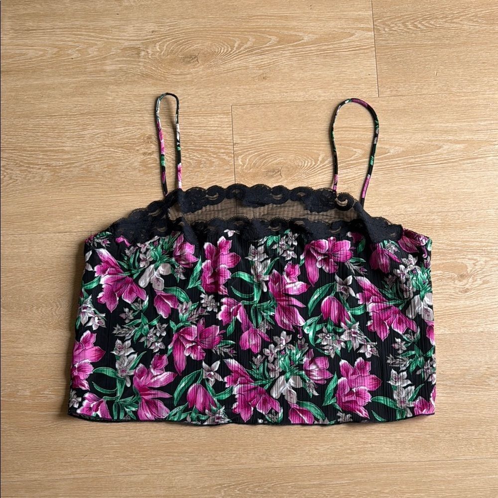 90s Vintage Black Pink Boxy Lace and floral cropped tank cami XL